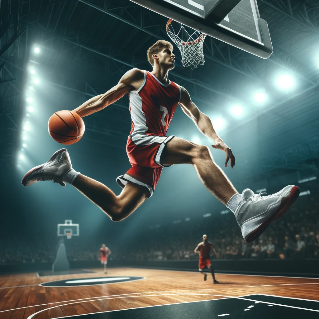 Pemain basket pria dalam seragam merah putih sedang melakukan slam dunk, diambil di saat pertandingan basket tingkat lanjut di lapangan dalam ruangan dengan penonton yang terlihat samar di latar belakang dan pencahayaan yang menonjolkan aksi