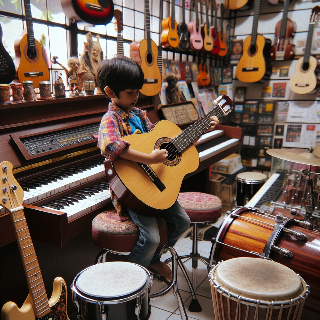 Seorang remaja sedang mencoba berbagai instrumen musik di toko musik. Dia memegang gitar, sementara di sekitarnya terdapat piano, drum, dan biola. Latar belakang toko musik penuh dengan alat musik lain yang dipajang, dengan suasana yang cerah dan penuh warna