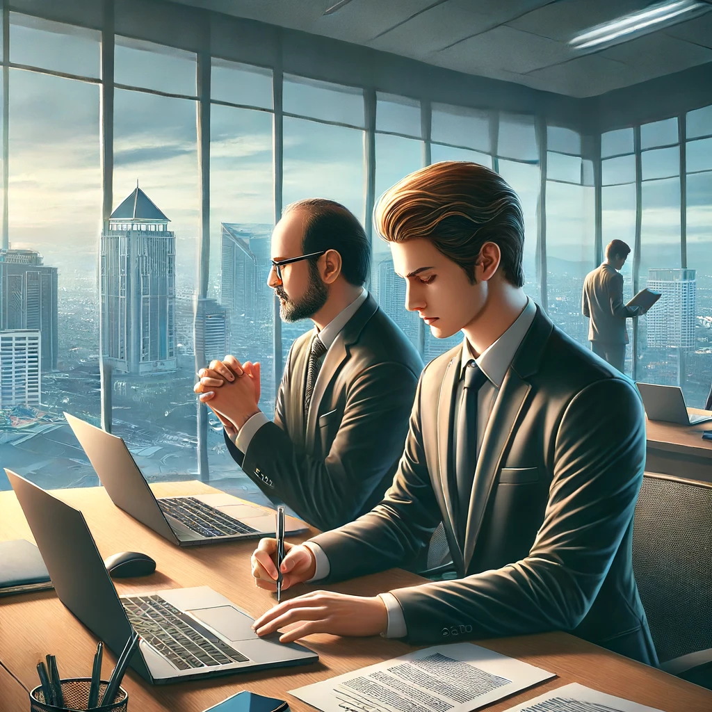 Dua orang berdiri berjabat tangan di atas meja, menunjukkan ekspresi saling percaya. Latar belakang menampilkan suasana kantor dengan jendela besar yang memperlihatkan pemandangan kota. Di atas meja terdapat laptop, dokumen, dan pena. Kedua orang mengenakan pakaian formal, mencerminkan suasana profesional dan keseriusan dalam membangun kepercayaan. Suasana ruangan terang dengan pencahayaan alami dari jendela