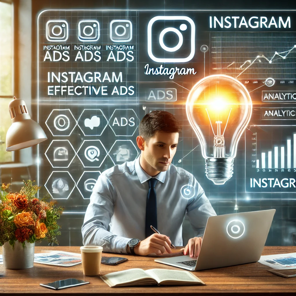 Seorang pemasar duduk di meja, bekerja pada laptop dengan iklan Instagram di layar. Latar belakang mencakup logo Instagram, grafik analitik, dan simbol bola lampu yang melambangkan ide. Gambar ini menyampaikan proses pembuatan iklan yang efektif di Instagram