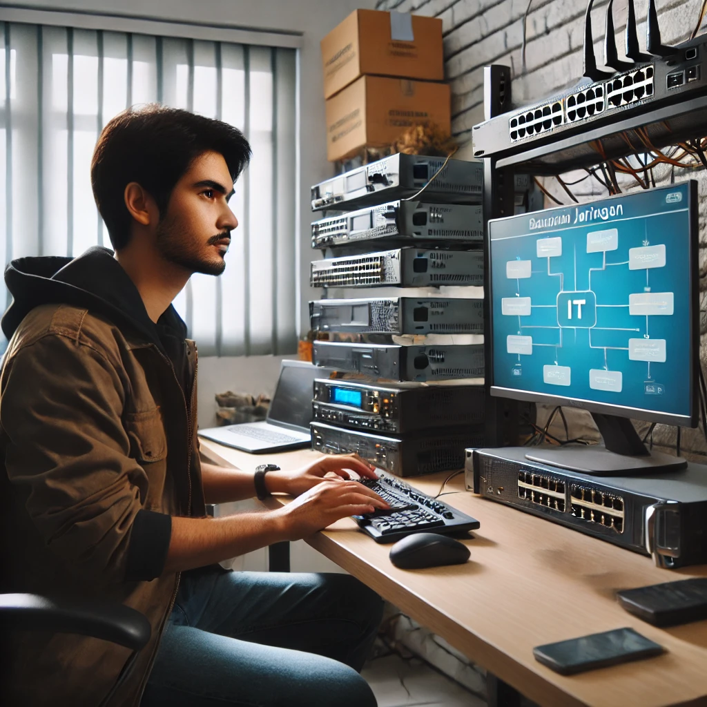 Seorang teknisi IT duduk di depan komputer di kantor, dikelilingi oleh perangkat jaringan seperti router dan switch. Dia sedang memeriksa layar monitor yang menampilkan diagram jaringan dengan kunci keamanan. Latar belakang menunjukkan meja kerja dengan beberapa komputer dan perangkat keras IT lainnya. Suasana kantor profesional dengan pencahayaan terang