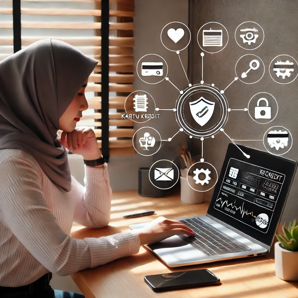 Seorang wanita duduk di meja dengan laptop terbuka, menunjukkan layar dengan ikon gembok keamanan. Di sampingnya terdapat kartu kredit dan smartphone. Latar belakang berupa ruang kerja modern dengan pencahayaan alami. Wanita tersebut tampak fokus dan hati-hati, melambangkan keamanan dalam bertransaksi online. Suasana ruangan tenang dan profesional