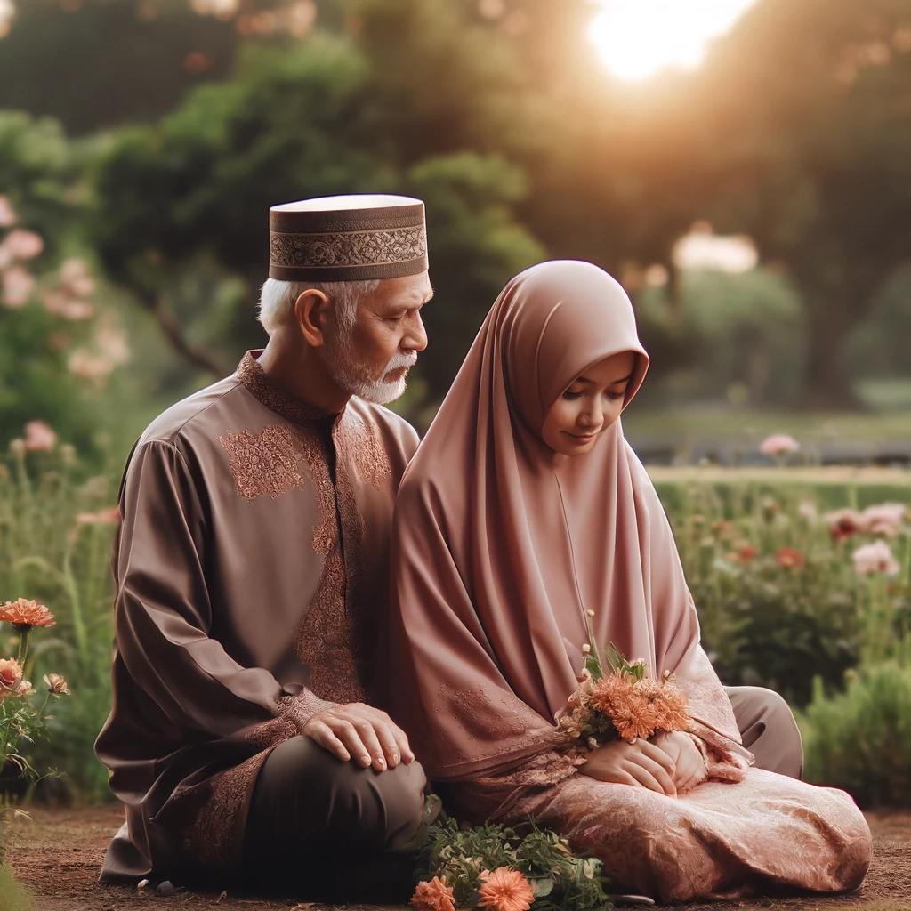 Sepasang kekasih duduk di taman, berbicara dengan serius sambil saling memegang tangan. Wajah mereka menunjukkan campuran kekhawatiran dan harapan. Di latar belakang terdapat pepohonan hijau dan bunga mekar, menciptakan suasana tenang. Matahari terbenam dengan cahaya oranye lembut memberikan nuansa hangat dan penuh harapan