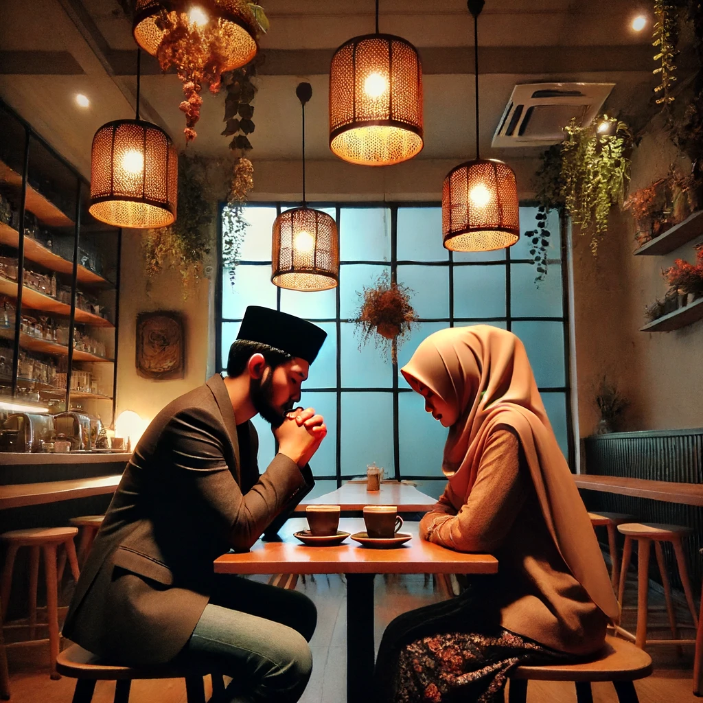 Dua orang duduk di sebuah kafe, satu orang terlihat gelisah dan cemburu sementara yang lain berusaha menenangkan. Latar belakang menunjukkan suasana kafe yang nyaman dengan dekorasi modern. Ekspresi wajah menggambarkan perasaan campur aduk dan percakapan yang emosional. Suasana hangat dengan cahaya lampu yang lembut menambah keintiman momen