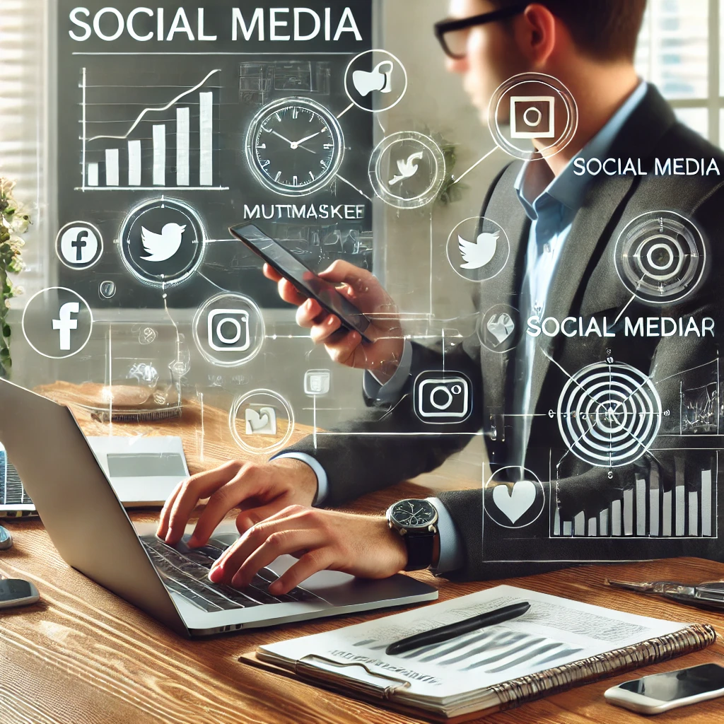 Seorang manajer media sosial duduk di meja, multitasking dengan laptop, tablet, dan smartphone. Latar belakang menunjukkan papan tulis dengan kalender media sosial, grafik, dan berbagai ikon media sosial. Gambar ini menyampaikan pengelolaan akun media sosial yang efektif