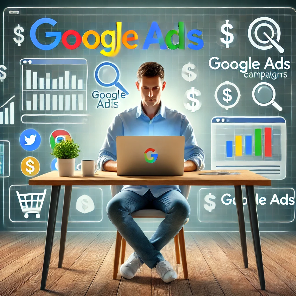 Seorang pemasar digital duduk di meja, bekerja pada laptop dengan antarmuka Google Ads di layar. Di sekitar meja terdapat berbagai ikon pemasaran digital dan grafik. Latar belakang mencakup elemen seperti simbol uang, kampanye iklan, dan ikon mesin pencari. Gambar ini menyampaikan konsep penggunaan Google Ads secara efektif untuk pemasaran