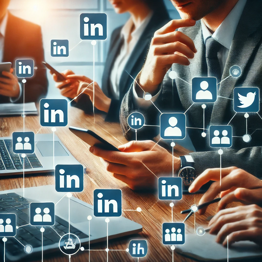 Adegan networking profesional dengan individu-individu menggunakan smartphone dan laptop, saling terhubung satu sama lain. Latar belakang mencakup ikon-ikon platform media sosial seperti LinkedIn, Twitter, dan Facebook. Gambar ini menyampaikan konsep menggunakan media sosial untuk networking profesional dan membangun koneksi