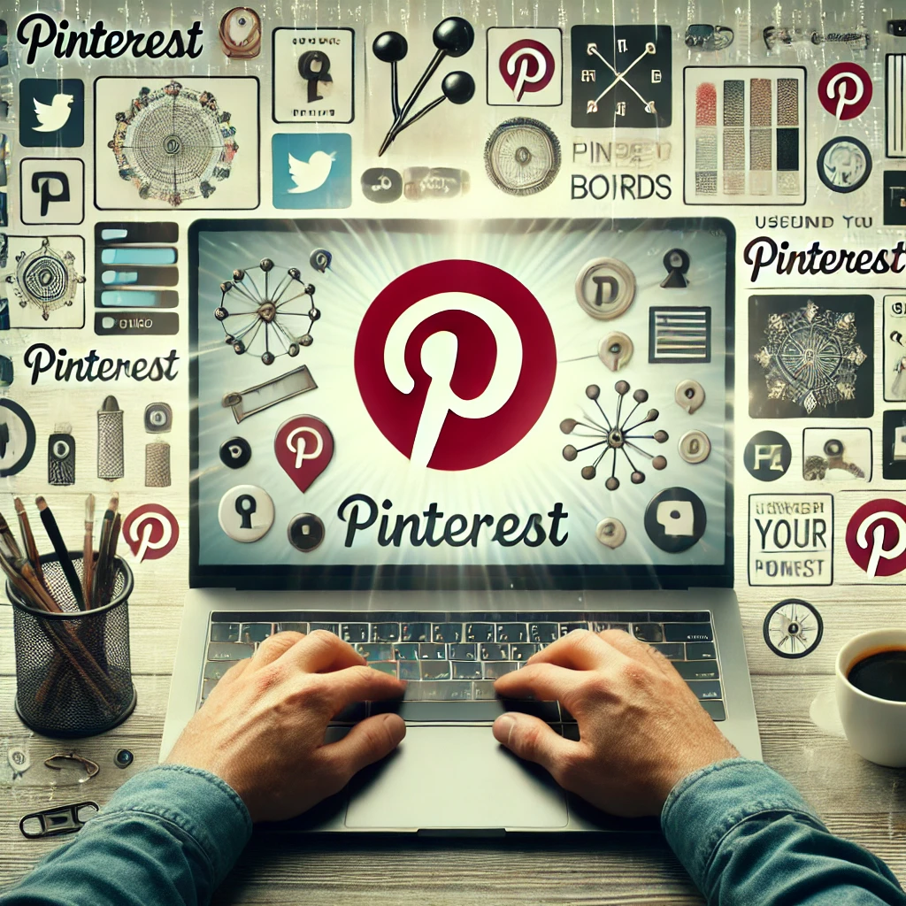 Seseorang menggunakan laptop dengan logo Pinterest di layar, dikelilingi oleh gambar berbagai pin dan papan. Latar belakang menampilkan ikon-ikon pin, papan, dan logo Pinterest. Gambar ini menyampaikan konsep menggunakan Pinterest sebagai alat promosi