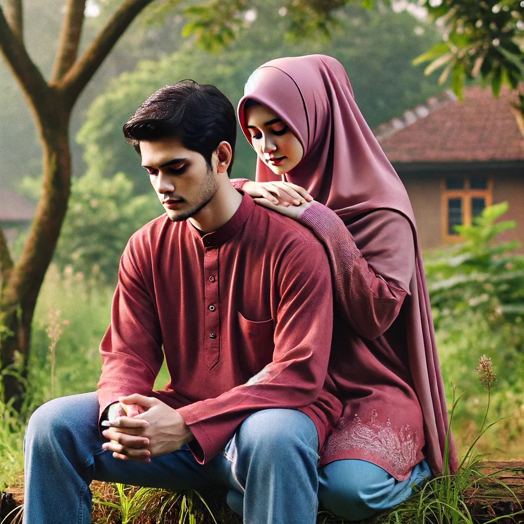 Sepasang kekasih duduk di taman dengan ekspresi wajah tegang, wanita memakai baju merah dan pria memakai kemeja biru. Mereka tampak berbicara serius di bawah cahaya matahari lembut. Latar belakang menampilkan pepohonan hijau dan bangku taman, menciptakan suasana percakapan yang mendalam dan penuh perasaan