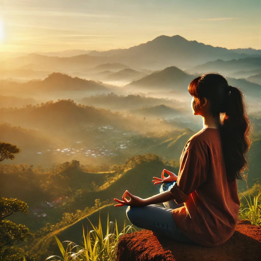 Seorang wanita duduk di puncak bukit dengan latar belakang matahari terbit, dalam posisi meditasi dengan mata tertutup. Di sekelilingnya terdapat alam indah dengan pemandangan hijau yang menenangkan. Ekspresi wajahnya tenang dan fokus, mencerminkan kekuatan dan ketenangan batin. Langit berwarna oranye keemasan, menciptakan suasana yang inspiratif dan damai