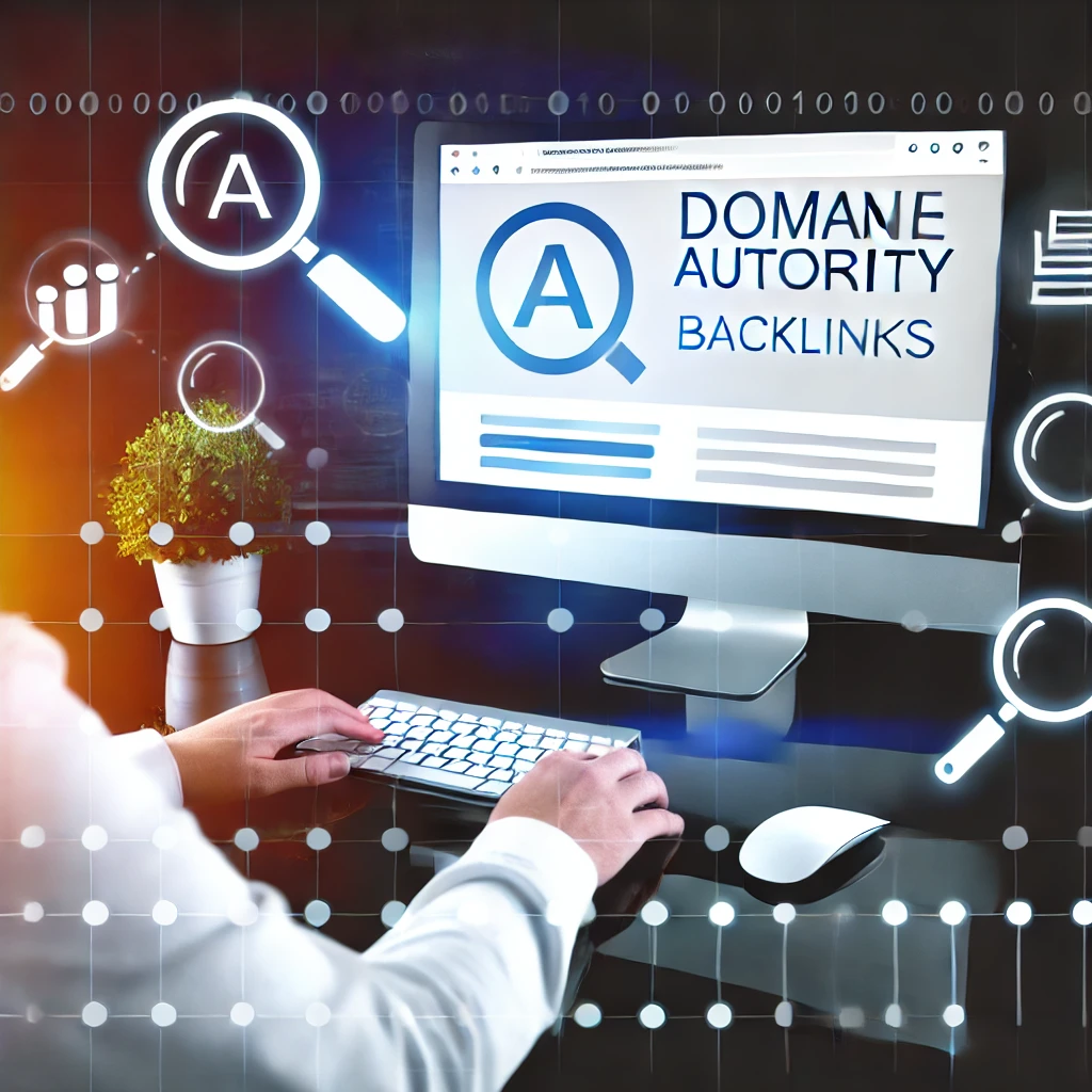 Seseorang duduk di meja, menggunakan komputer dengan situs web terbuka yang menampilkan metrik dan analitik. Latar belakang mencakup ikon domain authority, backlink, dan peringkat mesin pencari. Gambar ini menyampaikan proses meningkatkan domain authority
