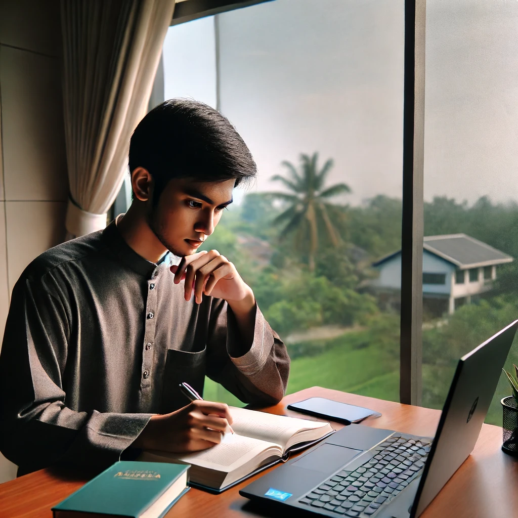 Seorang pria muda duduk di meja kerja yang rapi dengan laptop terbuka, dikelilingi oleh tanaman hias dan buku. Ia mengenakan kacamata dan tampak fokus pada layar laptop. Di latar belakang terlihat jendela besar dengan pemandangan taman yang hijau. Suasana tenang dengan pencahayaan alami yang lembut, menunjukkan lingkungan yang kondusif untuk meningkatkan fokus dan konsentrasi