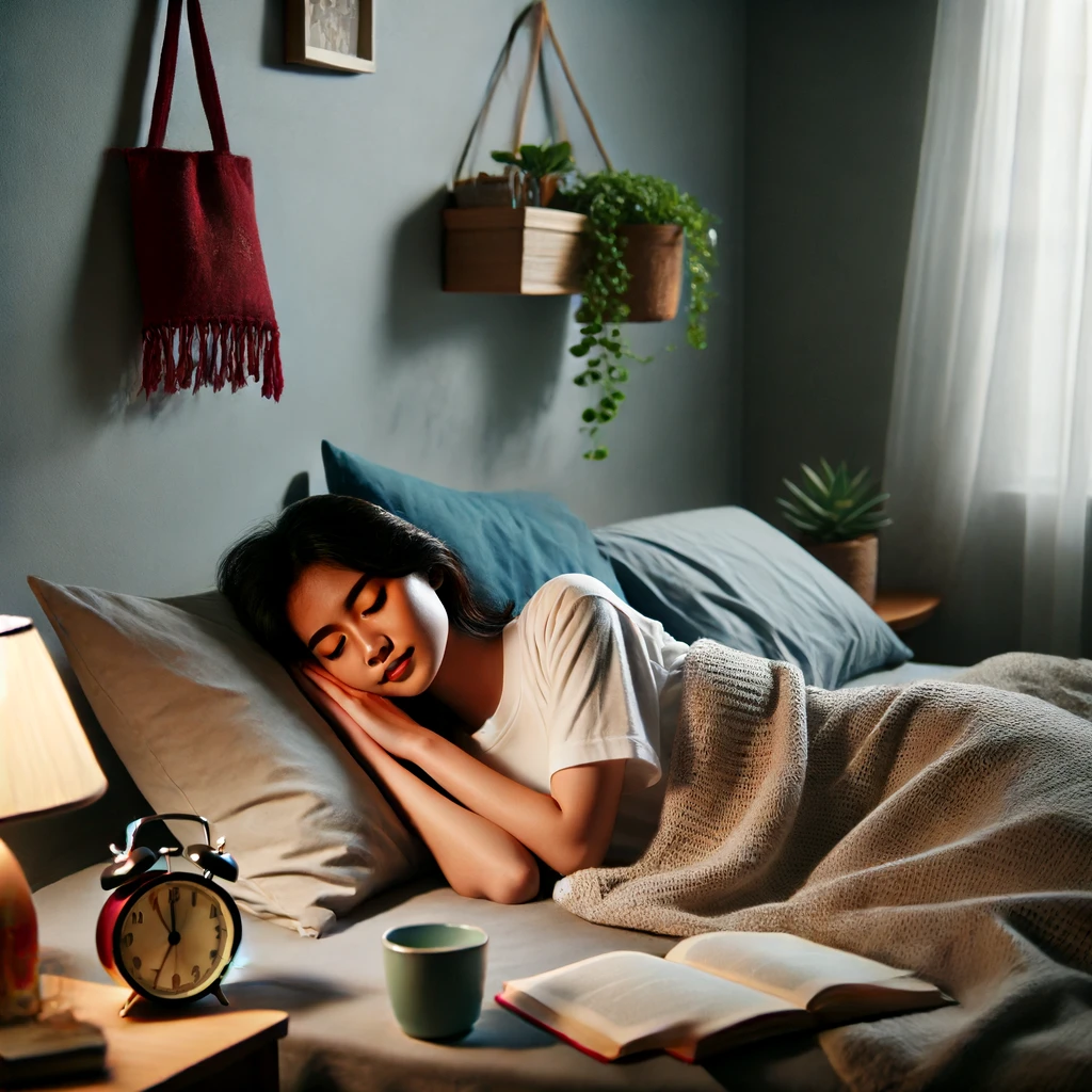 Seorang wanita sedang tidur nyenyak di tempat tidur yang nyaman dengan seprai putih bersih. Suasana kamar tenang dengan lampu redup, tanaman hijau, dan meja kecil berisi buku dan segelas air. Jendela sedikit terbuka dengan tirai tipis yang mengalir lembut, menciptakan kesan ketenangan dan relaksasi mendalam