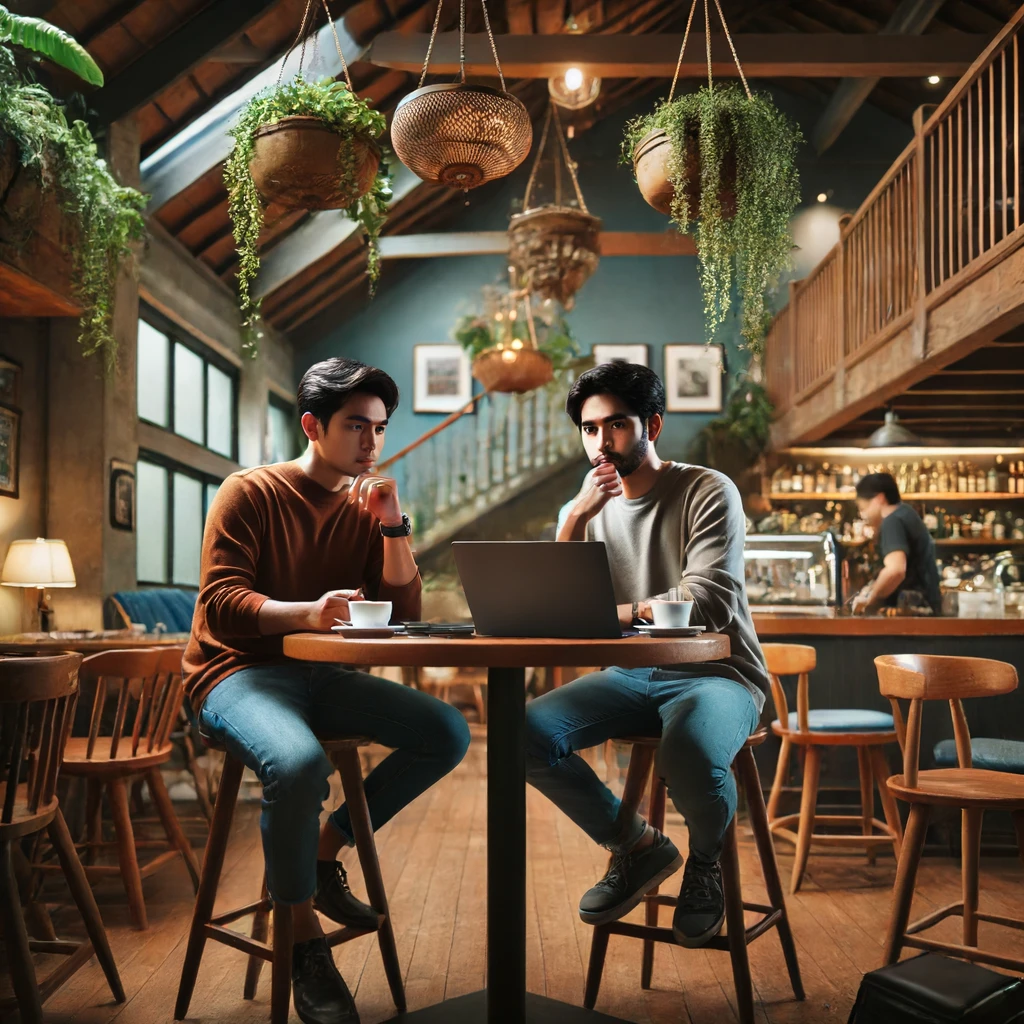 Dua orang sedang berbicara di sebuah kafe modern dengan suasana yang hangat dan nyaman. Mereka duduk di meja dengan cangkir kopi dan laptop di atasnya, menunjukkan suasana diskusi yang produktif. Kedua orang tersebut saling tersenyum dan terlihat serius dalam percakapan mereka. Di latar belakang, terlihat dinding dengan dekorasi seni dan tanaman hijau yang menambah kesan segar dan ramah