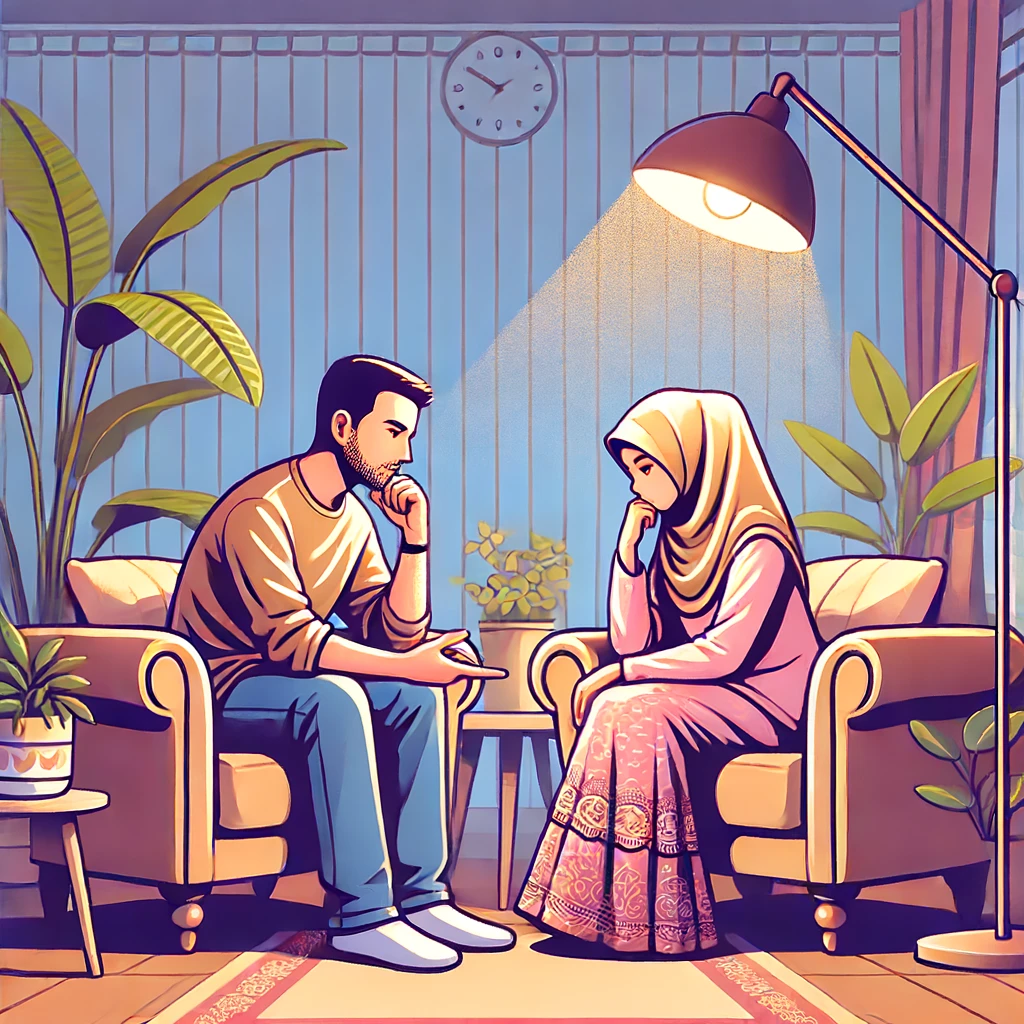 Sepasang suami istri duduk berhadapan di ruang tamu, berbicara dengan tenang dan saling mendengarkan. Mereka tampak serius namun penuh kasih, berusaha menyelesaikan konflik dengan cara yang baik. Ruangan nyaman dengan sofa, meja, dan tanaman hias. Pencahayaan lembut dari lampu menciptakan suasana hangat dan mendukung percakapan damai