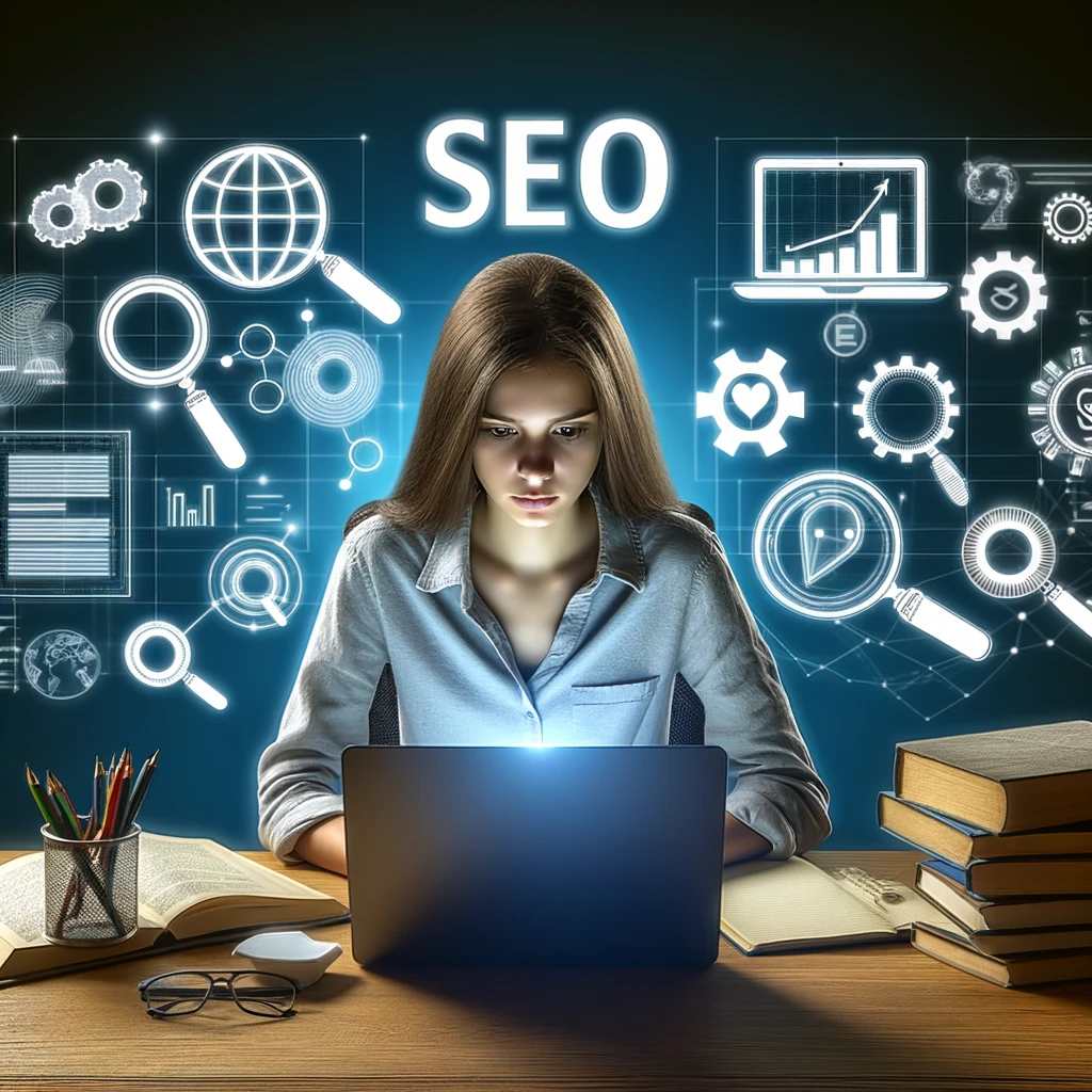 Seorang pemuda duduk di meja dengan laptop, dikelilingi oleh buku dan catatan. Latar belakang mencakup ikon mesin pencari seperti Google dan Bing, grafik, diagram, dan kaca pembesar yang mewakili konsep SEO