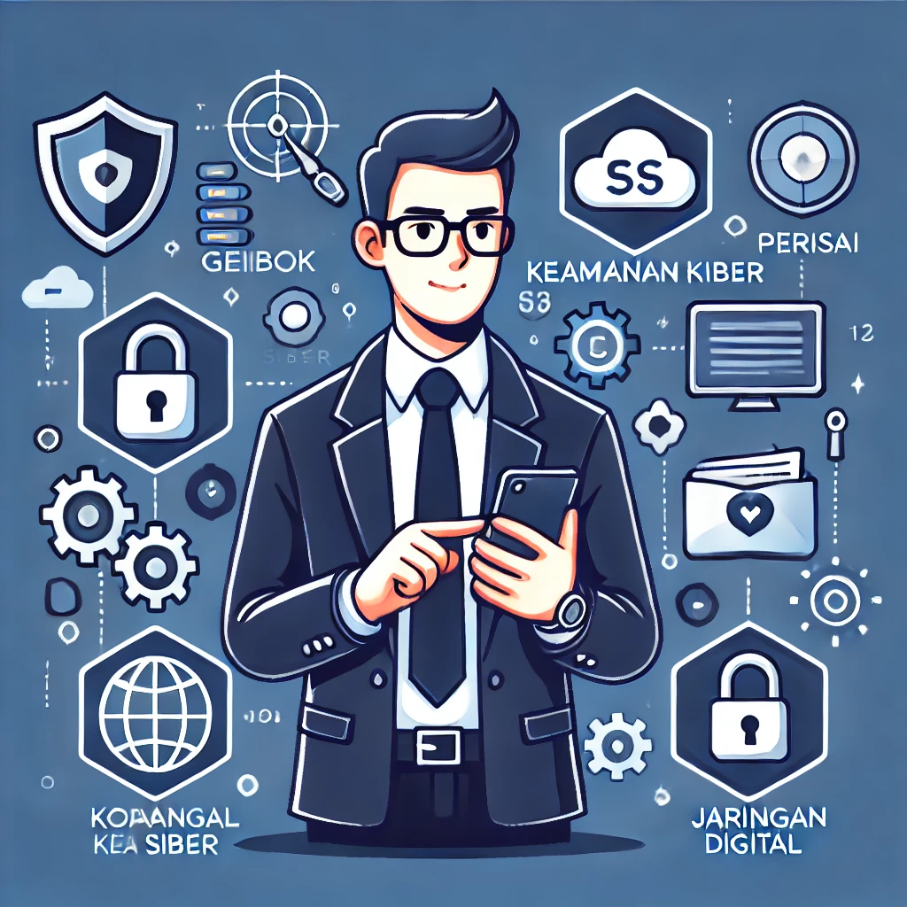 Seorang profesional keamanan siber memegang perangkat mobile, dikelilingi ikon-ikon keamanan seperti gembok, perisai, dan tanda centang. Latar belakang menunjukkan kode biner dan jaringan digital, menggambarkan keamanan data. Profesional tersebut mengenakan pakaian formal dan tampak fokus serta serius, mencerminkan pentingnya keamanan data di perangkat mobile