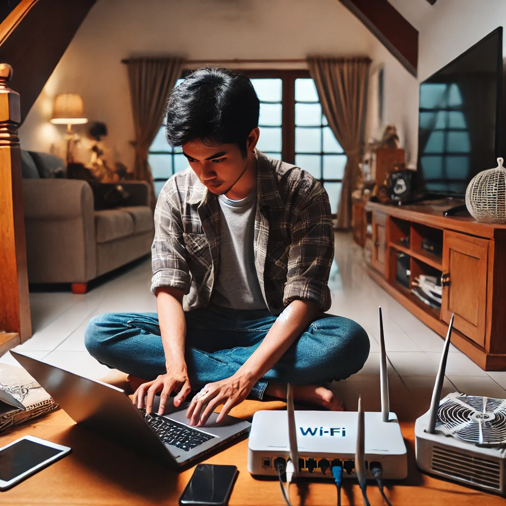 Seorang pria duduk di meja kerja di rumah, mengatur router Wi-Fi dengan laptop di depannya. Di sekelilingnya terdapat peralatan elektronik seperti ponsel, tablet, dan kamera keamanan. Di layar laptop terlihat antarmuka pengaturan jaringan. Latar belakang adalah ruang tamu modern dengan pencahayaan hangat. Suasana menunjukkan keseriusan dan perhatian terhadap keamanan jaringan rumah