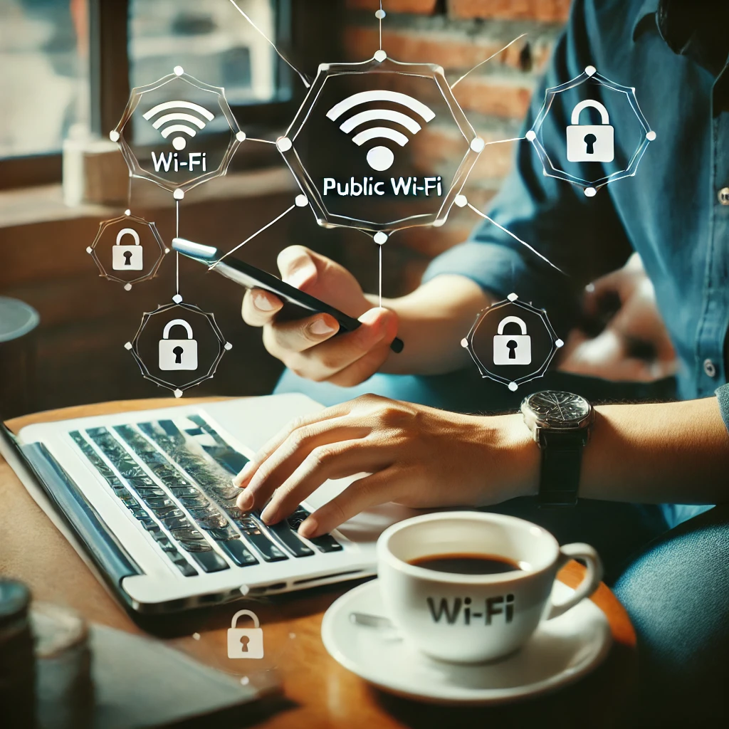 Seseorang duduk di kedai kopi, menggunakan laptop dan smartphone yang terhubung ke Wi-Fi publik. Latar belakang mencakup ikon-ikon sinyal Wi-Fi, gembok, dan simbol peringatan. Gambar ini menekankan pentingnya keamanan saat menggunakan jaringan publik