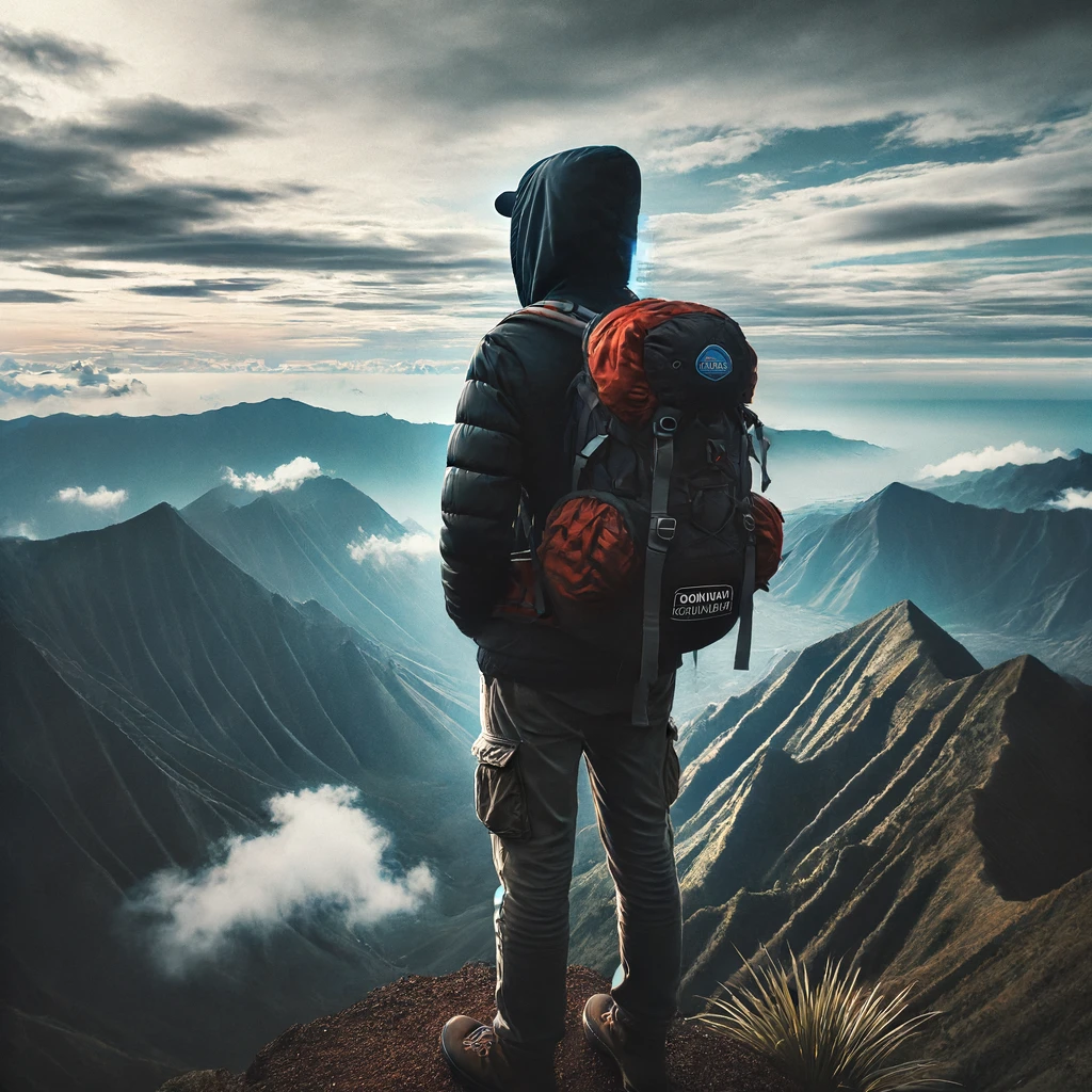 Seorang pria berdiri di tepi tebing tinggi, melihat ke bawah dengan ekspresi ragu namun penuh tekad. Latar belakang menampilkan pemandangan pegunungan indah dengan langit biru. Pria tersebut mengenakan pakaian hiking lengkap dengan jaket, celana panjang, dan sepatu bot. Di sebelahnya ada papan tanda bertuliskan 'Take the Risk'. Suasana menegangkan namun penuh harapan dan keberanian