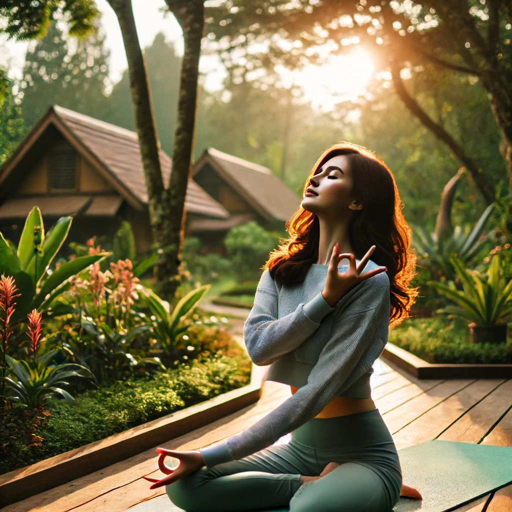 Seorang wanita duduk bersila di taman hijau, mata tertutup, fokus pada teknik pernapasan untuk mengatasi rasa cemas. Dia mengenakan pakaian yoga yang nyaman, dikelilingi bunga dan pohon rindang. Latar belakang menunjukkan langit biru dengan awan putih lembut. Suasana damai dan menenangkan, menggambarkan ketenangan melalui pernapasan