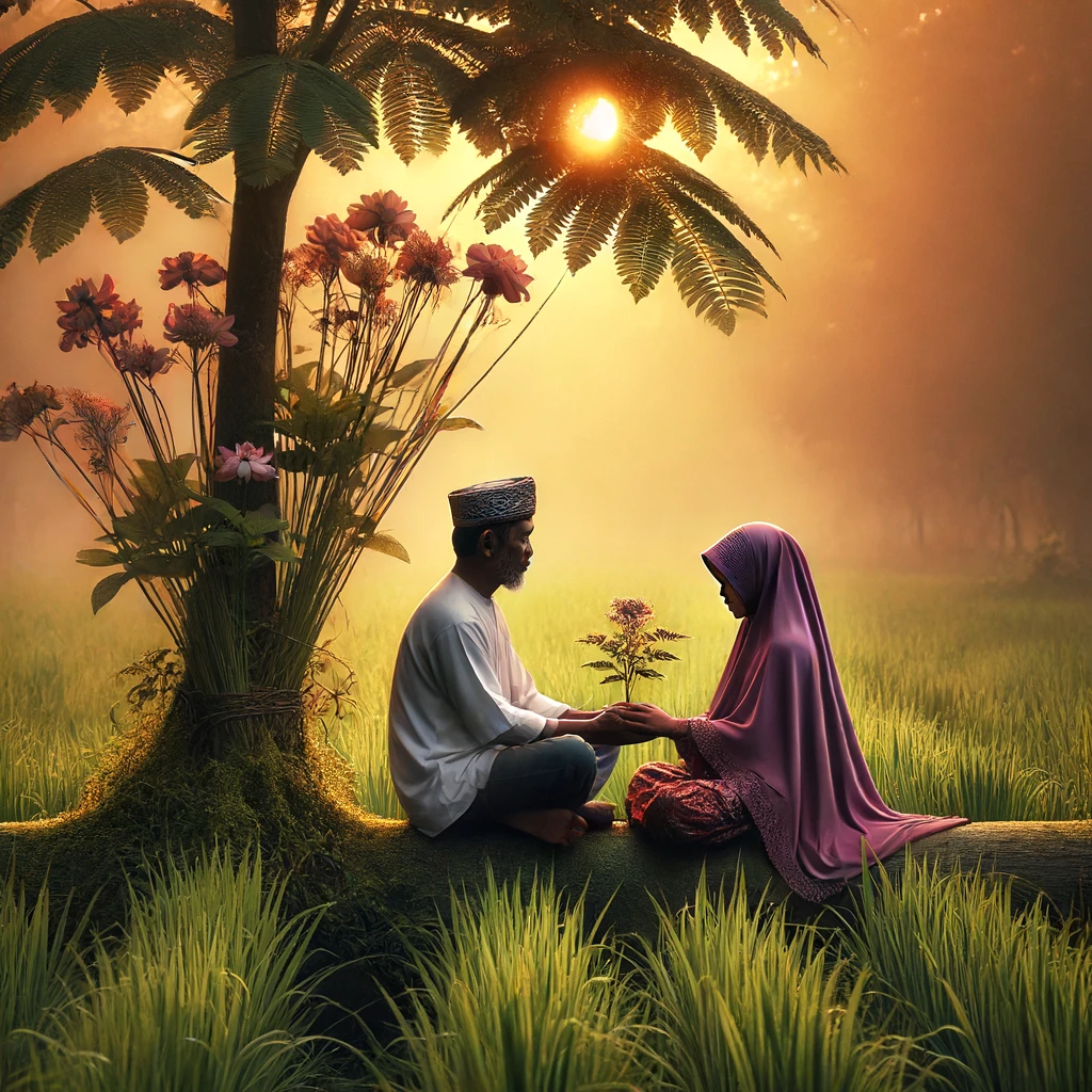 Dua orang duduk di bangku taman dengan wajah menunjukkan kesedihan dan kebingungan, dikelilingi pepohonan hijau dan bunga-bunga. Mereka saling memegang tangan, berusaha memahami dan mendukung satu sama lain. Latar belakang menunjukkan senja yang indah dengan langit berwarna jingga, menciptakan nuansa reflektif dan introspektif