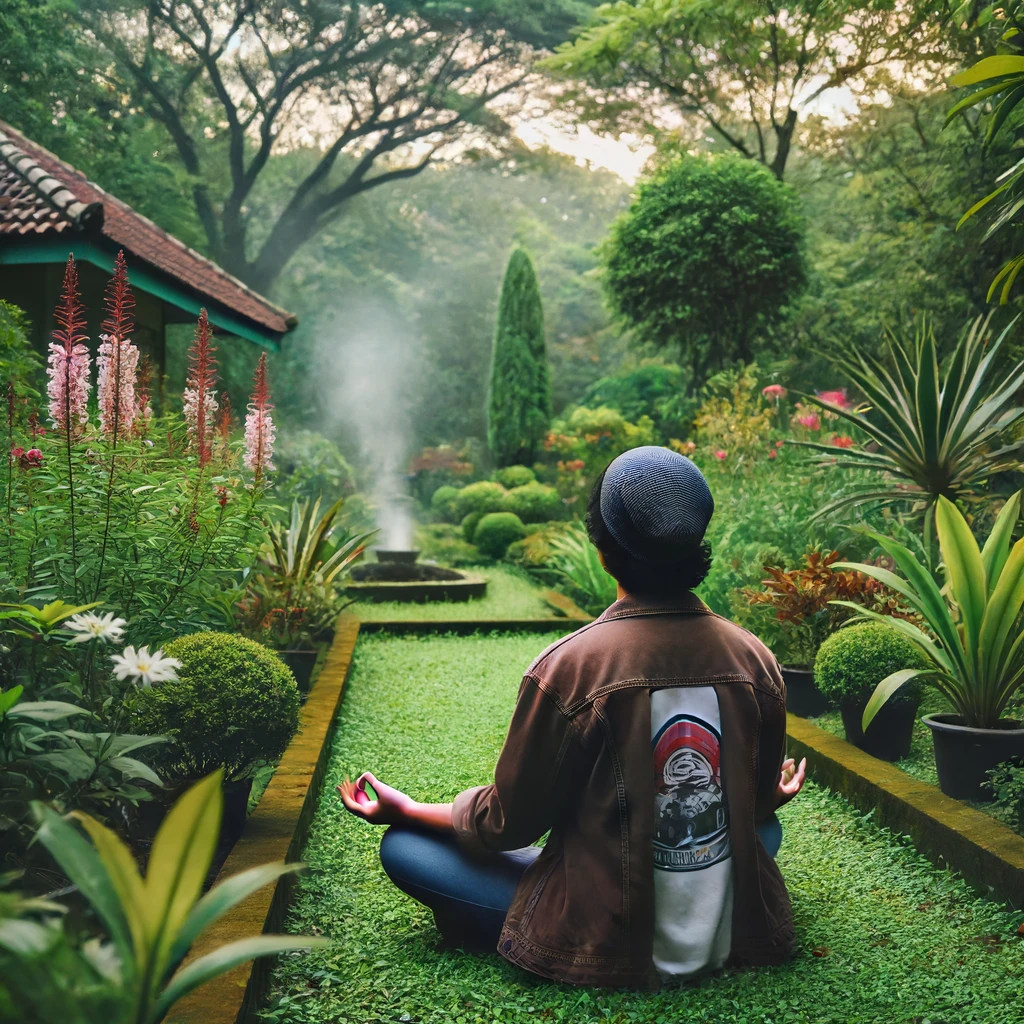 Seorang pria duduk di taman yang tenang, bermeditasi dengan mata tertutup. Di sekelilingnya terdapat pepohonan hijau dan bunga-bunga yang mekar. Ekspresi wajahnya tenang dan damai, mencerminkan usaha untuk mengatasi rasa marah dengan bijak. Cahaya matahari lembut menyinari wajahnya, menambah suasana ketenangan