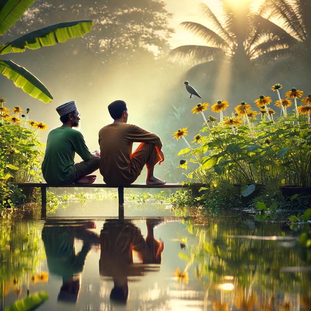 Dua orang duduk di bangku taman, berbicara dengan tenang dan penuh perhatian satu sama lain. Di latar belakang, pepohonan hijau dan bunga-bunga mekar menciptakan suasana damai dan penuh pengertian. Sinar matahari menembus dedaunan, menciptakan bayangan indah di sekitar mereka
