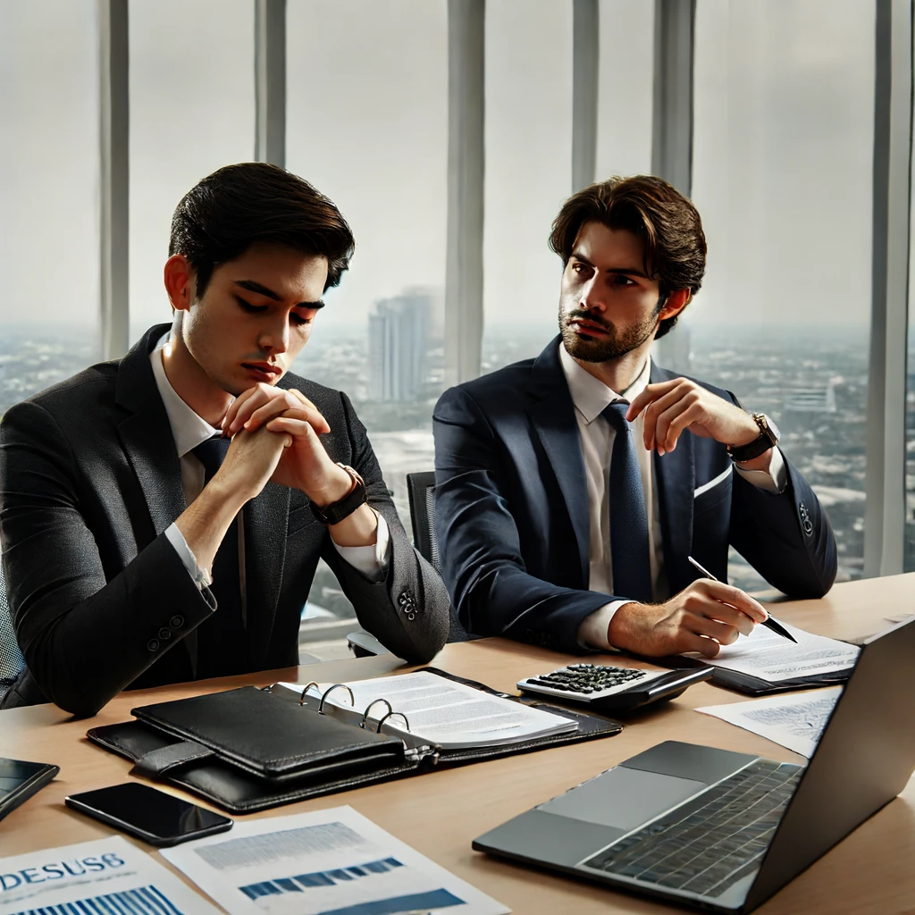 Dua orang sedang duduk berhadapan di meja konferensi, saling berbicara dengan ekspresi serius namun tenang. Di sekitar mereka terdapat beberapa dokumen dan laptop. Latar belakang menunjukkan suasana kantor modern dengan jendela besar yang memperlihatkan pemandangan kota. Kedua orang tersebut terlihat berusaha mencari solusi bersama untuk mengelola konflik dengan efektif