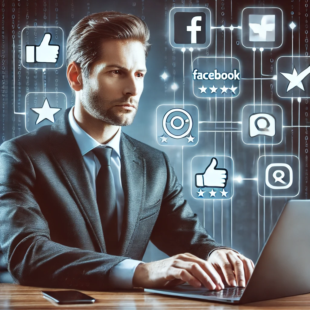 Seorang profesional duduk di meja, bekerja pada laptop dengan ekspresi serius. Latar belakang mencakup ikon-ikon platform media sosial seperti Facebook, Twitter, Instagram, dan LinkedIn, dengan simbol positif dan negatif yang menunjukkan manajemen reputasi. Gambar ini menyampaikan pentingnya mengelola reputasi online di media sosial