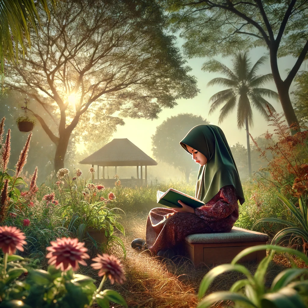 Seorang anak perempuan duduk di taman, membaca buku dengan penuh perhatian. Di sekelilingnya ada tanaman bunga berwarna-warni dan pohon rindang. Langit cerah dan sinar matahari memberikan pencahayaan alami yang indah. Anak tersebut terlihat sangat menikmati waktu membaca dengan senyuman di wajahnya. Suasana tenang dan inspiratif, mencerminkan kebiasaan membaca yang positif