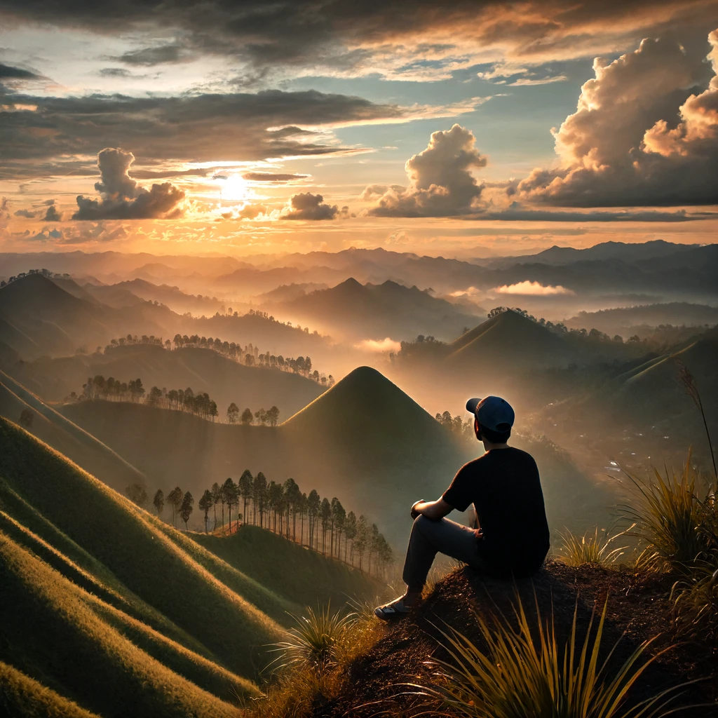 Seseorang duduk di atas bukit menikmati matahari terbenam yang indah dengan latar belakang pemandangan alam yang luas. Mereka terlihat tenang dan damai, dengan tangan di pangkuan. Langit berwarna oranye keemasan dan pepohonan hijau mengelilingi area tersebut. Wajah mereka memancarkan rasa syukur dan kebahagiaan, mencerminkan kedamaian batin dan penghargaan terhadap kehidupan