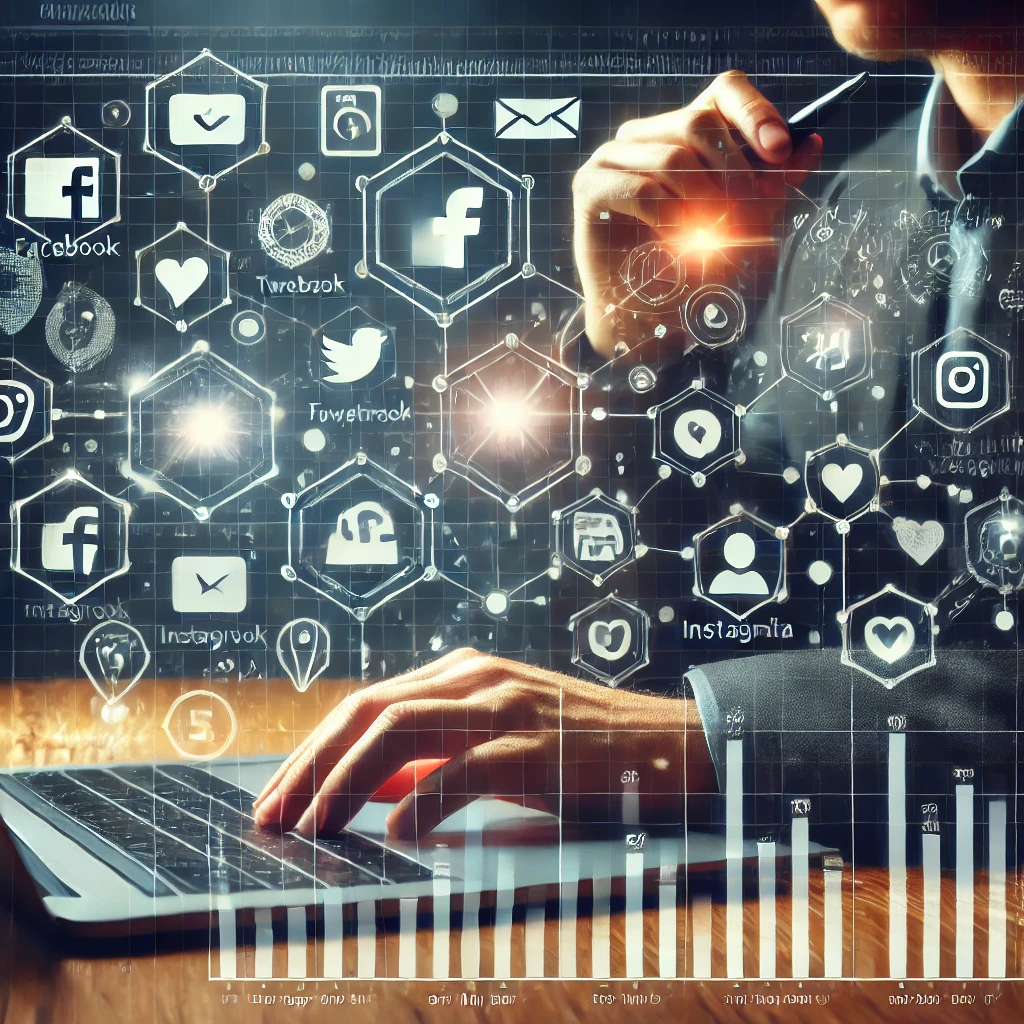 Seseorang duduk di meja, menganalisis data di laptop, dengan grafik dan diagram terkait algoritma media sosial ditampilkan di layar. Latar belakang menunjukkan ikon-ikon platform media sosial seperti Facebook, Twitter, Instagram, dan YouTube, dengan garis-garis yang saling terhubung melambangkan algoritma. Gambar ini menyampaikan konsep memahami algoritma media sosial