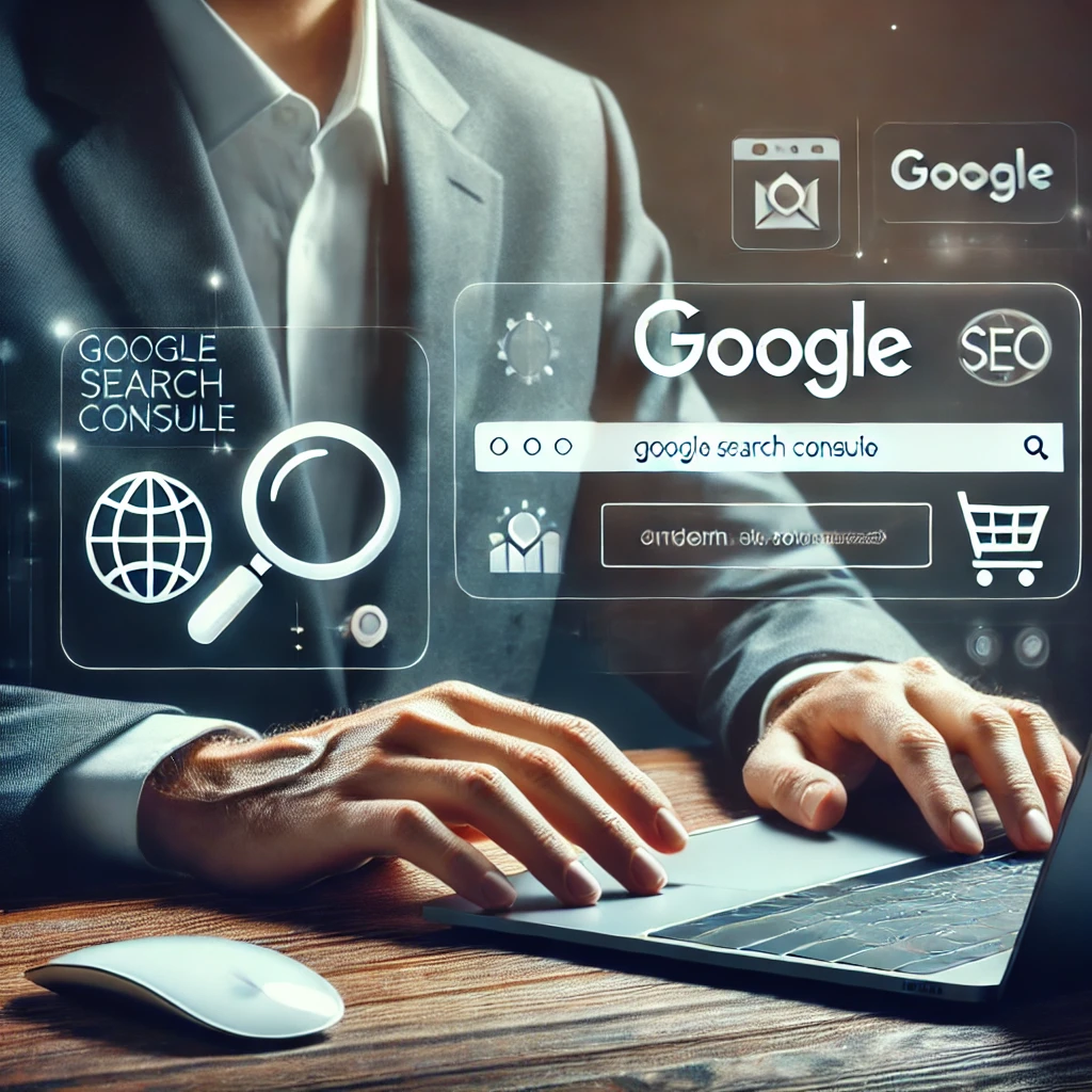 Seorang profesional bisnis duduk di meja, menggunakan laptop yang menampilkan dashboard Google Search Console. Latar belakang menunjukkan ikon-ikon Google, mesin pencari, dan alat SEO. Gambar ini menyampaikan konsep memahami dan menggunakan Google Search Console untuk analisis dan optimasi situs web