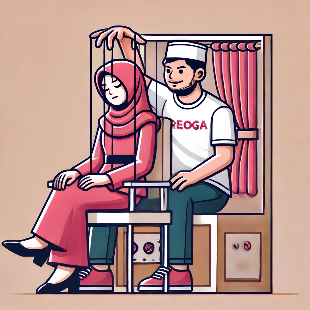 Seorang wanita duduk di kursi dengan ekspresi cemas, sementara pasangannya berdiri di belakangnya dengan ekspresi manipulatif. Pasangan tersebut mengenakan pakaian rapi, memegang bahu wanita dengan tangan yang tampak mengendalikan. Latar belakang adalah ruangan rumah dengan pencahayaan redup, menciptakan suasana tegang yang menunjukkan adanya ketegangan dan manipulasi dalam hubungan mereka