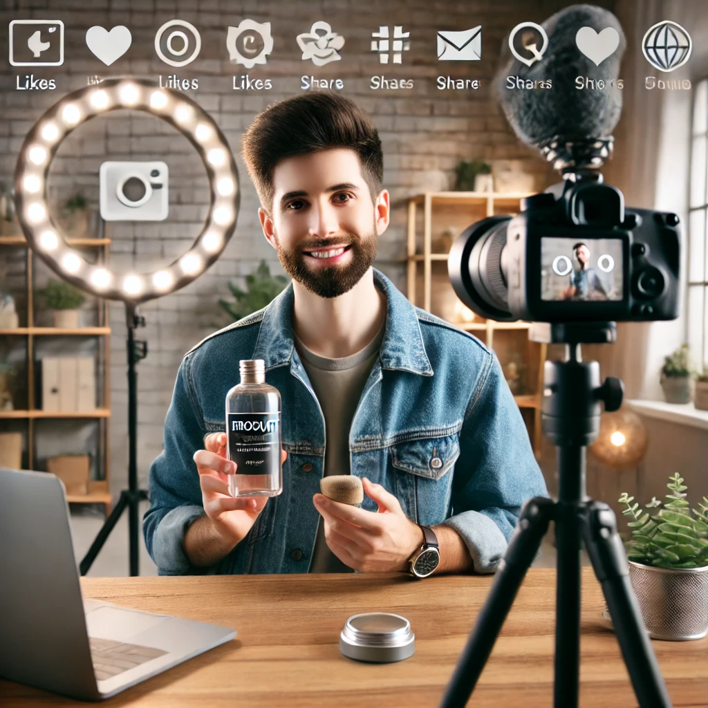 Seorang influencer media sosial duduk di ruangan bergaya, memegang produk dan berbicara ke kamera, dengan lampu cincin dan mikrofon terpasang. Latar belakang menunjukkan ikon media sosial dan metrik keterlibatan seperti suka, berbagi, dan komentar. Gambar ini menyampaikan konsep menggunakan influencer untuk kegiatan promosi