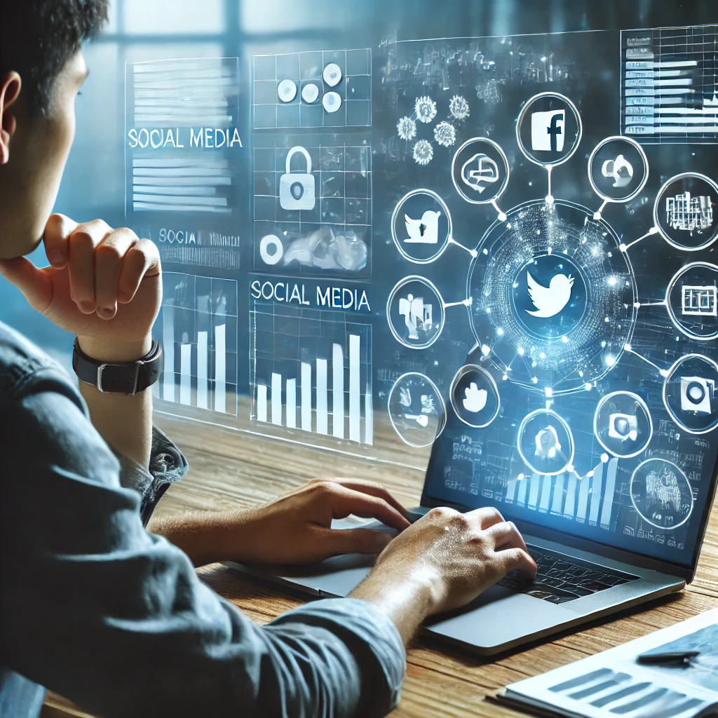 Seorang pemasar digital duduk di meja, menganalisis analitik media sosial di layar laptop, dengan grafik dan diagram yang ditampilkan. Latar belakang mencakup ikon-ikon berbagai platform media sosial dan alat analitik. Gambar ini menyampaikan konsep mengukur kinerja media sosial menggunakan analitik