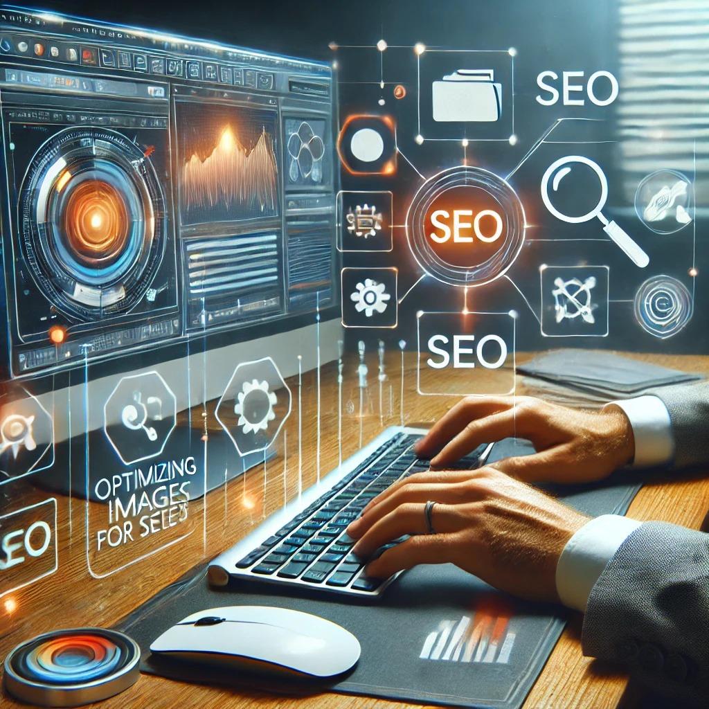 Seorang digital marketer bekerja di komputer dengan perangkat lunak pengedit gambar terbuka, mengoptimalkan gambar untuk SEO. Latar belakang mencakup ikon-ikon berkas gambar, mesin pencari, dan alat SEO. Gambar ini menyampaikan konsep optimasi gambar untuk kinerja SEO yang lebih baik