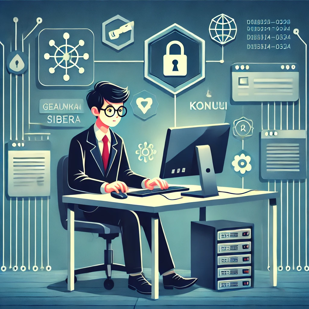 Seorang pemula sedang belajar keamanan siber di depan komputer, dikelilingi oleh ikon-ikon digital seperti gembok, kunci, dan perisai. Latar belakang menunjukkan jaringan komputer dengan garis-garis koneksi yang bercahaya. Pemula tersebut tampak fokus dan antusias, dengan tampilan layar komputer yang menunjukkan kode atau perangkat keamanan. Suasana modern dan penuh teknologi