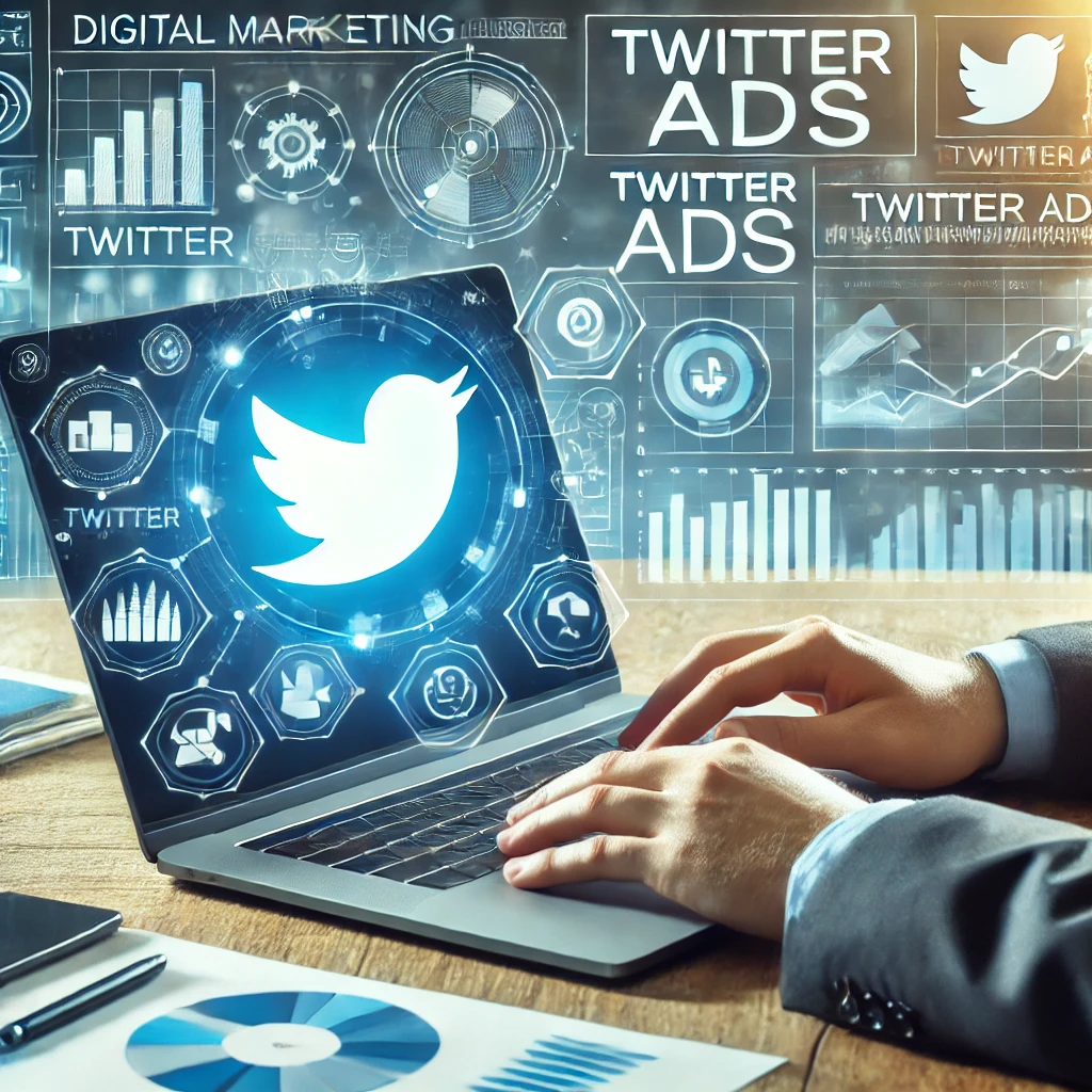 Seorang pemasar digital bekerja menggunakan laptop dengan logo Twitter di layar, dikelilingi oleh grafik, diagram, dan laporan analitik. Latar belakang mencakup ikon-ikon yang terkait dengan periklanan dan pemasaran media sosial. Gambar ini menyampaikan konsep menggunakan Twitter Ads untuk pemasaran digital yang efektif