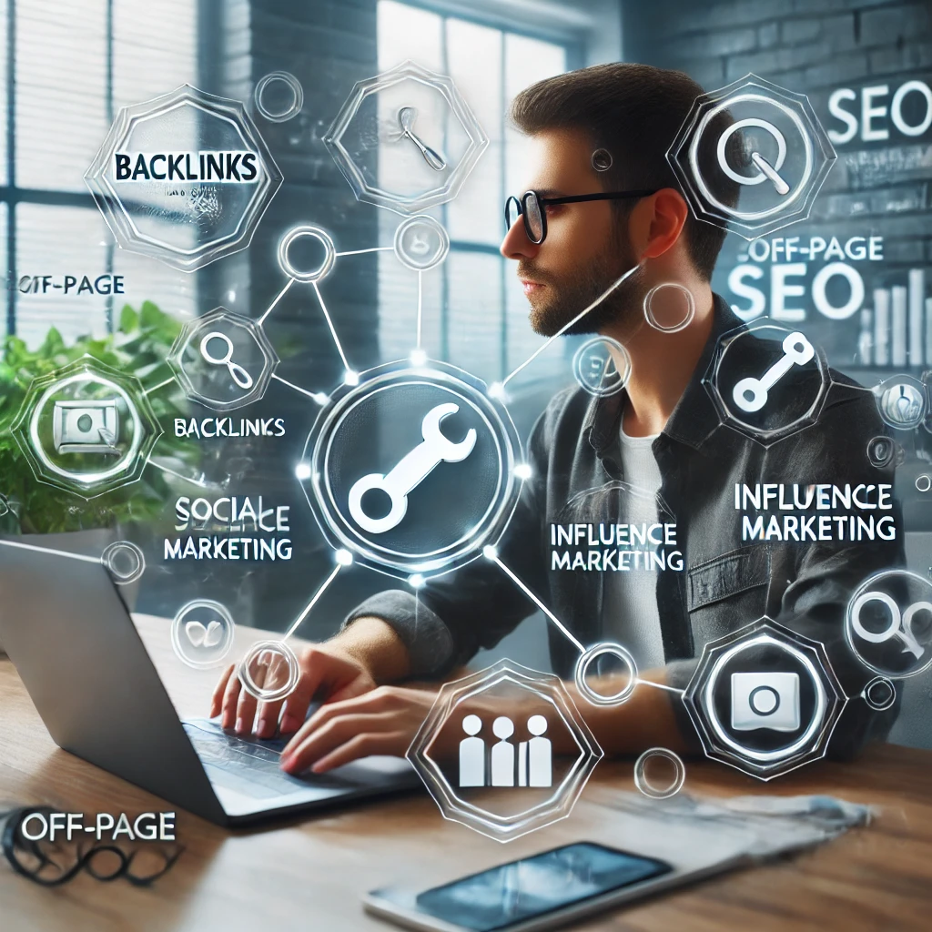 Seorang pemasar digital bekerja di meja dengan laptop, dikelilingi oleh ikon-ikon yang mewakili backlink, media sosial, pemasaran influencer, dan berbagi konten. Gambar ini menyampaikan konsep strategi SEO off-page