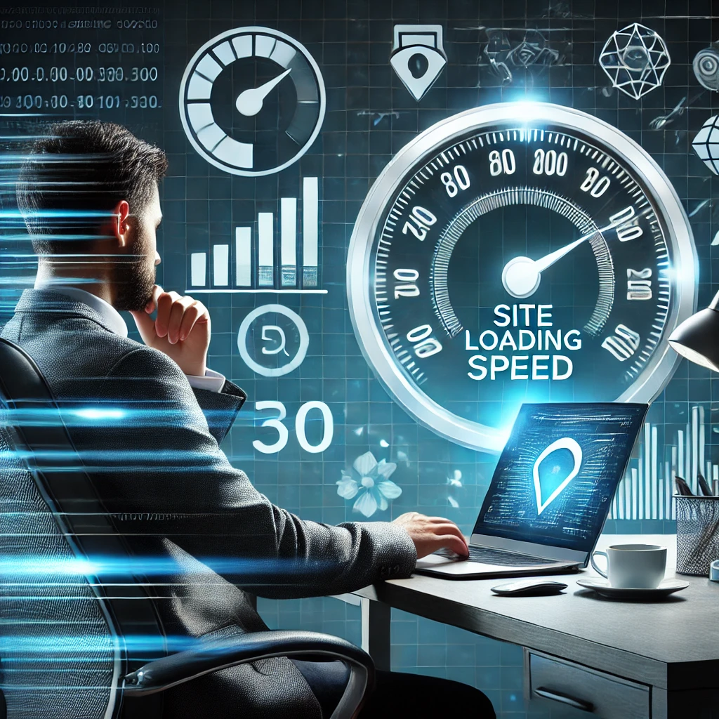 Seorang pengembang web duduk di meja, memantau kecepatan loading situs web pada laptop. Latar belakang menunjukkan ikon speedometer, bilah pemuatan, dan elemen yang melambangkan performa situs yang cepat. Gambar ini menyampaikan pentingnya kecepatan situs untuk SEO