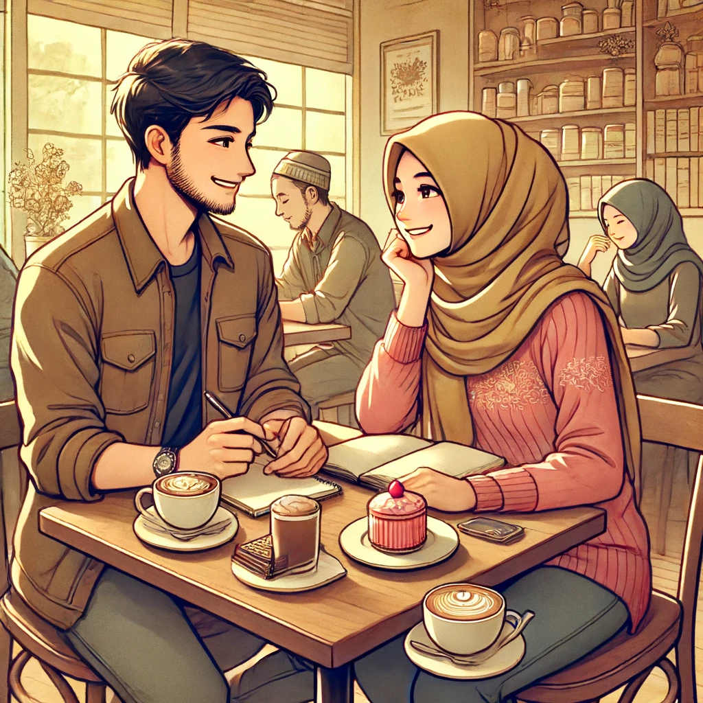 Dua orang, seorang pria dan seorang wanita, duduk berhadapan di sebuah kafe, saling memandang dengan ekspresi jujur dan tulus. Di antara mereka terdapat secangkir kopi dan kue. Mereka mengenakan pakaian kasual dalam suasana kafe yang hangat dengan pencahayaan lembut. Latar belakang menunjukkan dekorasi kafe yang nyaman dan ramah, mencerminkan kejujuran dan keterbukaan dalam hubungan mereka