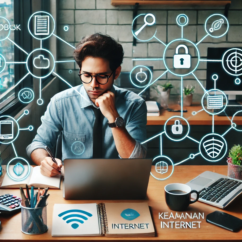 Seorang pria muda sedang duduk di depan laptop di meja kerjanya, dikelilingi oleh simbol-simbol keamanan internet seperti gembok, perisai, dan jaringan aman. Latar belakang menunjukkan suasana modern dengan pencahayaan lembut. Pria tersebut terlihat fokus dan hati-hati, mengenakan kemeja kasual, menggambarkan pentingnya keamanan internet dalam kehidupan sehari-hari