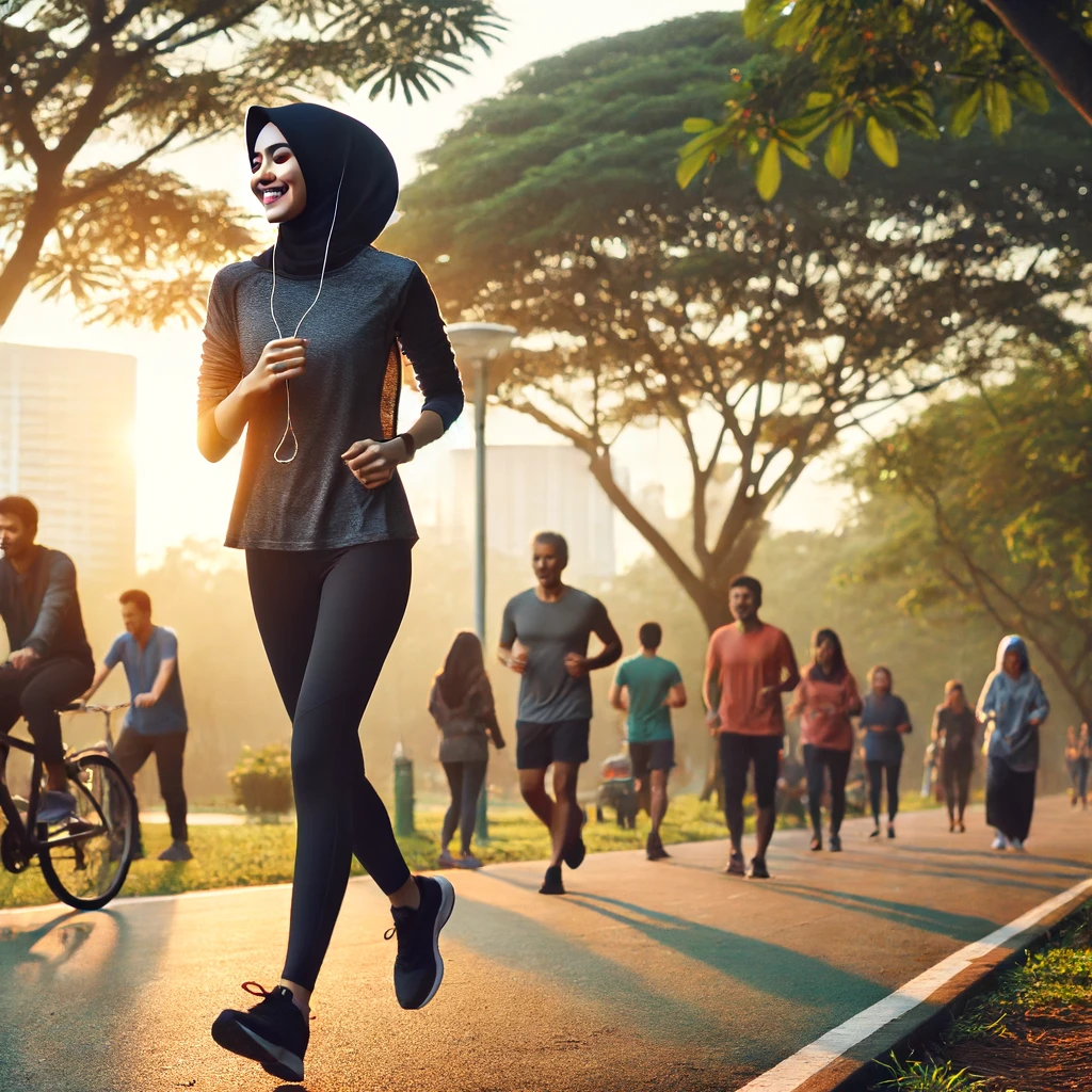 Seorang wanita muda sedang jogging di taman kota dengan pepohonan hijau dan langit cerah. Dia mengenakan pakaian olahraga berwarna cerah dan sepatu lari. Di latar belakang, terlihat orang-orang lain bersepeda, berjalan kaki, dan berolahraga. Suasana penuh semangat dan energi, mencerminkan pentingnya menjaga pola hidup sehat