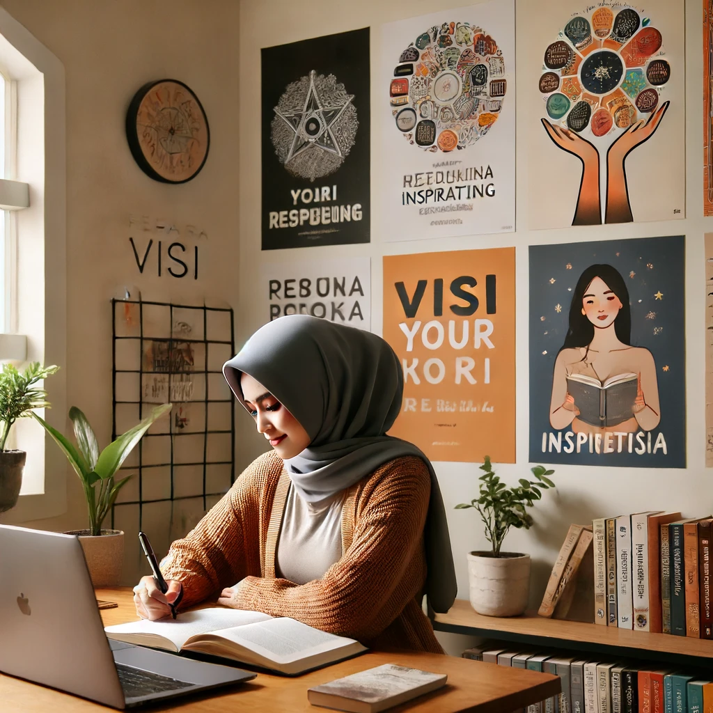 Seorang wanita muda sedang duduk di meja dengan laptop dan buku catatan, menulis visi dan misi pribadinya. Di latar belakang terdapat papan visi dengan berbagai gambar dan kata-kata inspiratif. Wanita tersebut terlihat fokus dan termotivasi, dengan suasana ruangan terang dan cahaya alami masuk dari jendela. Dekorasi ruangan sederhana namun penuh elemen inspiratif seperti tanaman hias dan poster motivasi