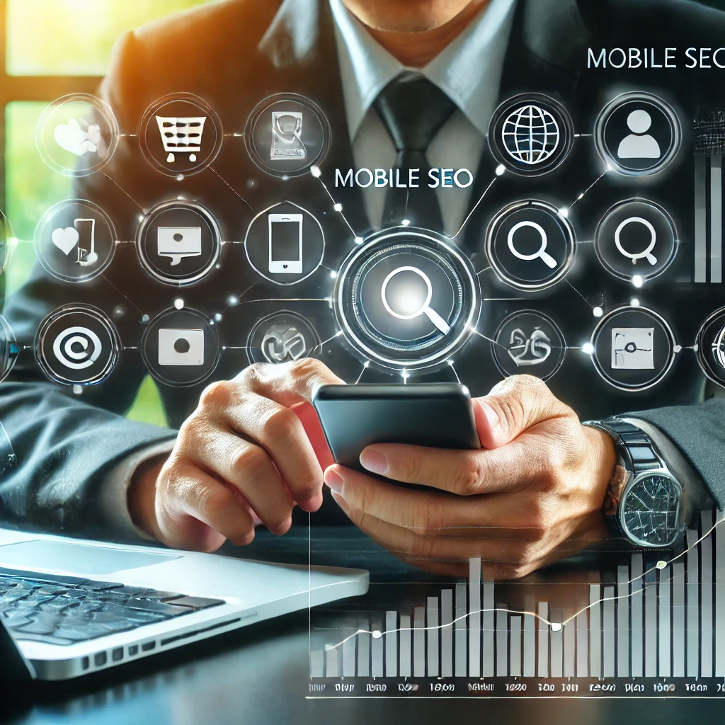 Seorang profesional bekerja menggunakan smartphone dan laptop, dikelilingi oleh ikon-ikon alat SEO mobile, mesin pencari, dan grafik yang menunjukkan metrik kinerja. Latar belakang menampilkan berbagai perangkat mobile dan simbol jaringan, menggambarkan pentingnya SEO mobile