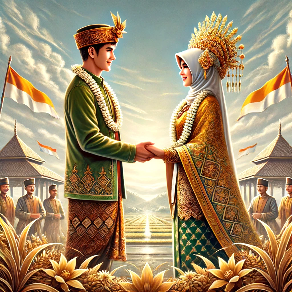 Dua orang, seorang pria dan seorang wanita dari latar belakang budaya yang berbeda, saling berjabat tangan dengan senyum ramah di wajah mereka. Latar belakang menampilkan berbagai elemen budaya seperti bendera, pakaian tradisional, dan bangunan khas. Suasana hangat dan penuh dengan rasa saling menghargai serta persahabatan antarbudaya