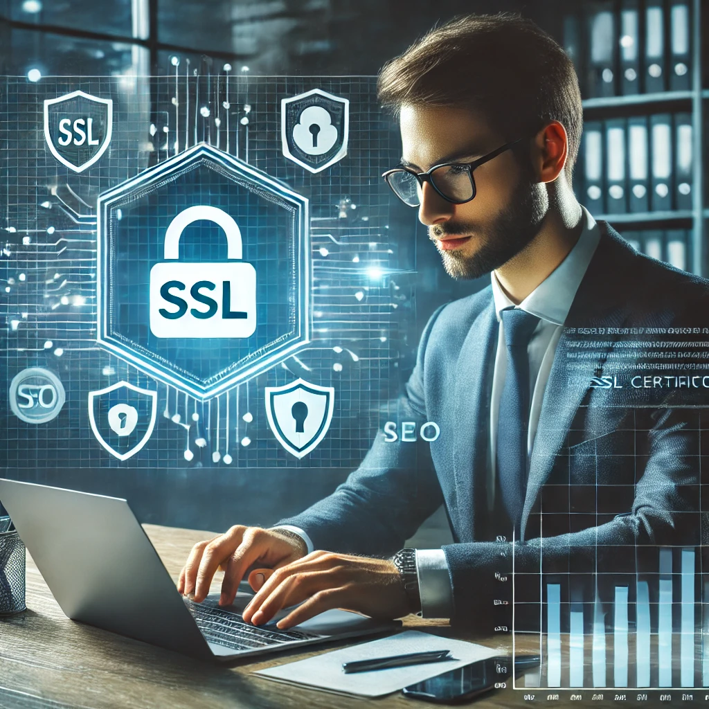 Seorang profesional bekerja di laptop dengan ikon sertifikat SSL di layar, dikelilingi oleh simbol-simbol keamanan digital seperti gembok dan perisai. Latar belakang mencakup grafik dan diagram yang menunjukkan metrik SEO. Gambar ini menyampaikan pentingnya sertifikat SSL untuk SEO
