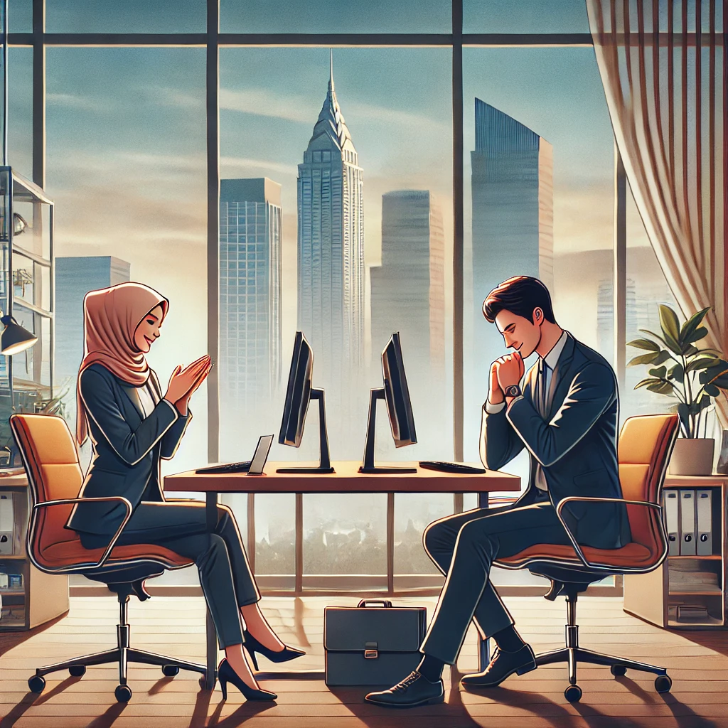 Dua rekan kerja berdiri di dalam kantor modern, saling berjabat tangan dengan senyum lebar. Di sekitar mereka terdapat meja kerja dengan komputer, dokumen, dan tanaman hias. Latar belakang menampilkan jendela besar dengan pemandangan kota. Keduanya mengenakan pakaian formal, mencerminkan suasana profesional dan kolaboratif. Cahaya alami dari jendela memberikan kesan cerah dan penuh semangat